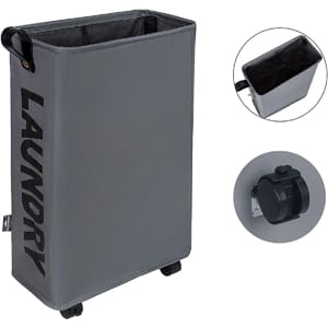 DOKEHOM Slim Laundry Basket with Leather Handle on Wheels